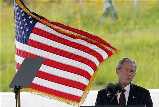 Former President George W. Bush speaks during the dedication of phase 1 of the permanent Flight 93 National Memorial near the crash site of Flight 93 in Shanksville, Pa. Saturday Sept. 10, 2011.