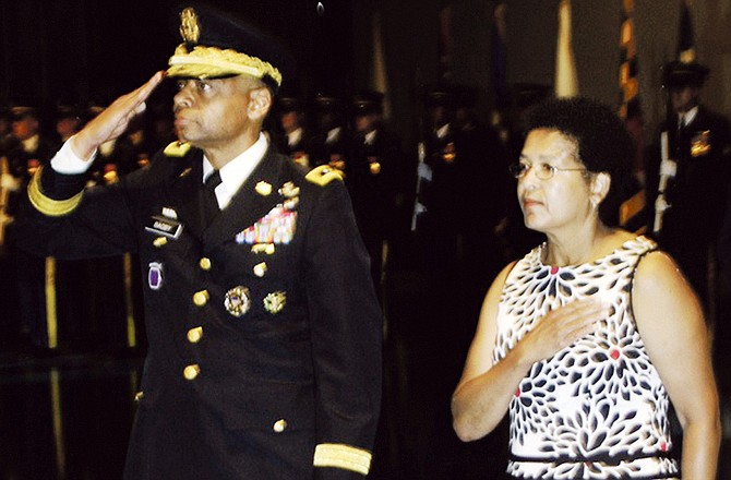 Maj. Gen. Byron Bagby, Ret. and his wife, Monique, participate in his retirement ceremony after 33 years of service to the U.S. Army. 