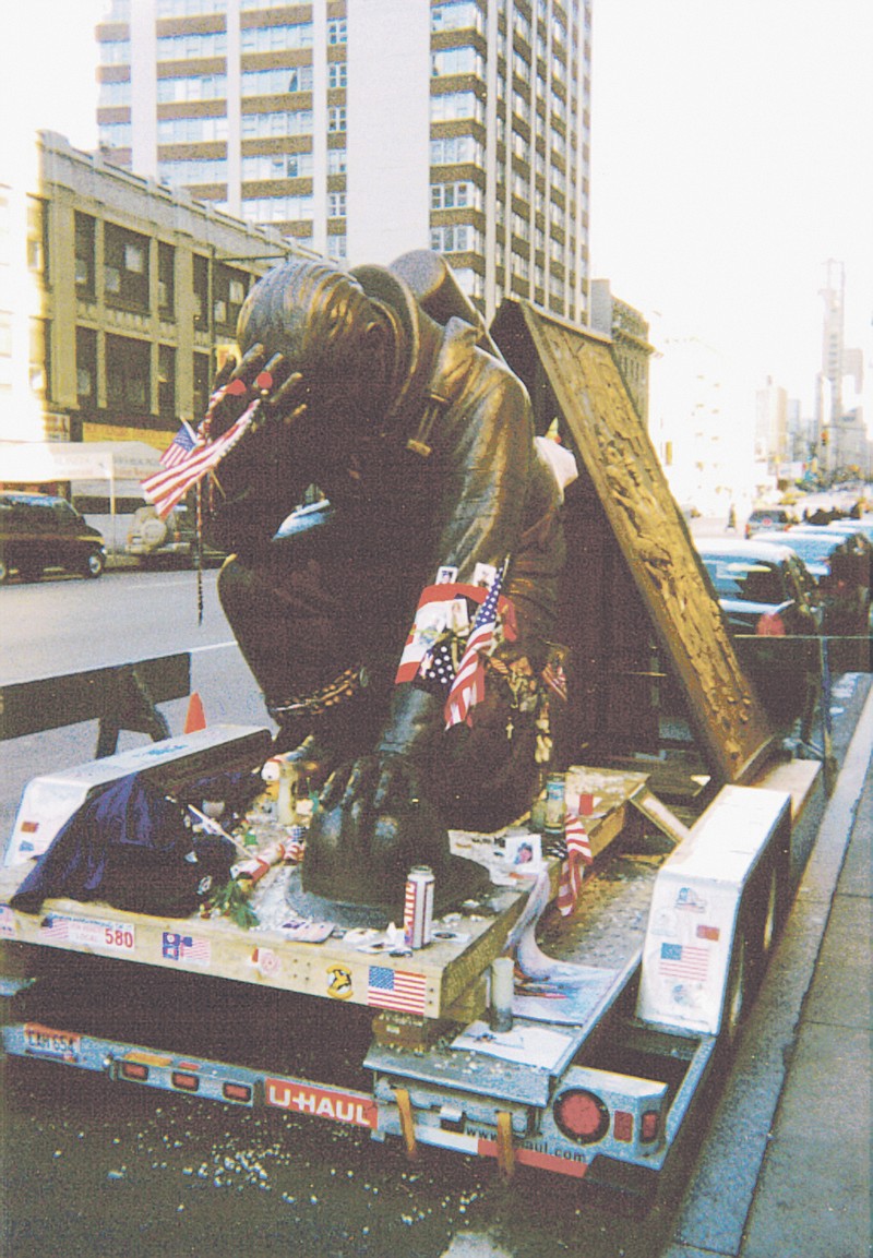 The original Firefighters Memorial statue commissioned for the memorial at Kingdom City was donated to the City of New York after the terrorist attacks destroyed the twin towers of the World Trade Center; it is seen on E. 8th Avenue in New York City. A duplicate of the statue was created later and is now at the Firefighters Memorial in Kingdom City. The original statue was displayed in New York for about one year but its current location is unknown.