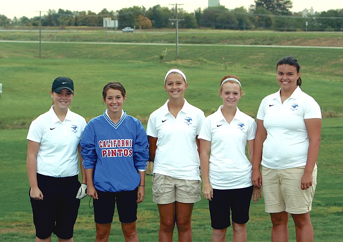 Just minutes before the start of the Class 1 District 3 Golf Tournament Sept. 28 at Tanglewood Golf Course, Fulton, from left, are California's Rylee Glenn, Tanner Roberts, Becca Hamilton, Haley Goans and Ellie Hamilton. Roberts, who earned All-District honors, and Goans and Ellie Hamilton qualified to advance to Class 1 Sectionals today (Wednesday) at Redfield Golf Course, Eugene.