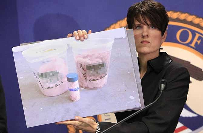 Laura Duffy, the United States Attorney for the Southern District of California, displays photos of marijuana cotton candy found for sale at a medical marijuana dispensary in her district, during a news conference in Sacramento, Calif., Friday, Oct. 7, 2011. Duffy, along with the other California based U.S. attorney's, announced they have stepped up a coordinated effort to curtail both marijuana cultivation and retail sales conducted under the cover of California's 15-year-old medical marijuana law.