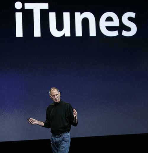 In this Sept. 9, 2008 file photo, Apple CEO Steve Jobs talks about iTunes 8 at an event in San Francisco. Jobs' entry into the music world was more than a success; it was a phenomenon. Today, iTunes owns the majority of the digital sales market, has redefined listening experience, and has for all purposes become the way that music is consumed. 