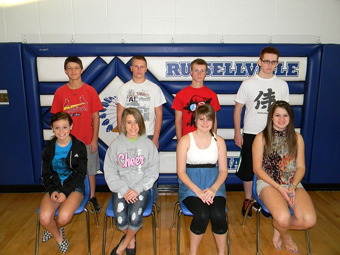 King and queen candidates for the 2011 Russellville Carnival to be held Oct. 14, at the high school; front row, from left, are queen candidates Erica Miller (freshmen class), Miranda Fringer (sophomore class), Kayla Smith (junior class) and Shelby Loethen (senior class); back row, king candidates Ryland Johnson (freshmen class), Dylan Bias (sophomore class), Austin Smith (junior class) and Lucas Woodling (senior class).