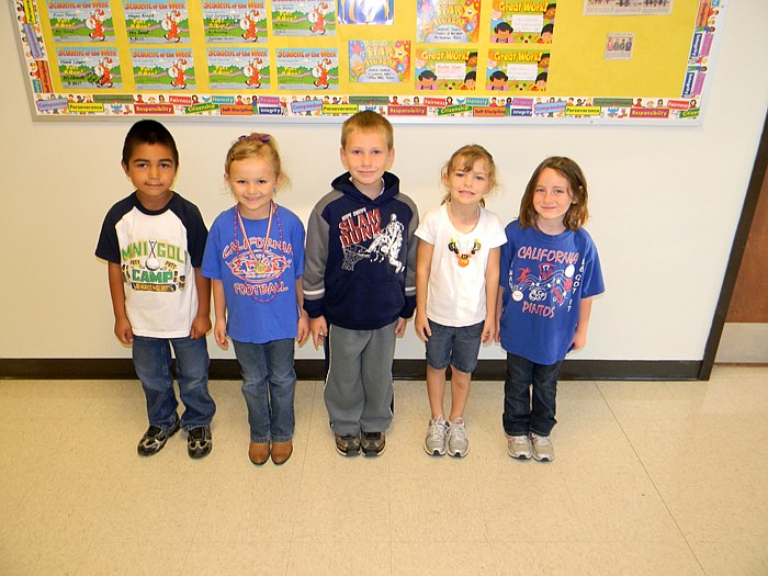 California Elementary School Students of the Week for Oct. 7; from left, are kindergartners Alex Leon, Madyson Brown, Christian Jenkins, Myra Silvey and Madison Jones.