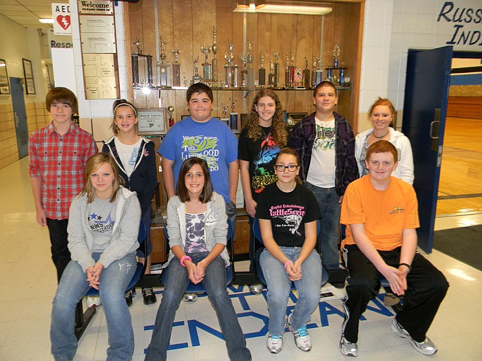 Russellville Middle School Student Council and Class Representatives; front row, from left, are Bailey Martin, president; Kassidy Schilpp, vice president; Mykala Bischoff, secretary; and Cory Jackson, treasurer; back row, Kayne Kirchner and Sydney Stevens, sixth grade representatives; Wade Hoover and Stacia Schollmeyer, seventh grade representatives; and Judson Everts and Madison Oliver, eighth grade representatives.