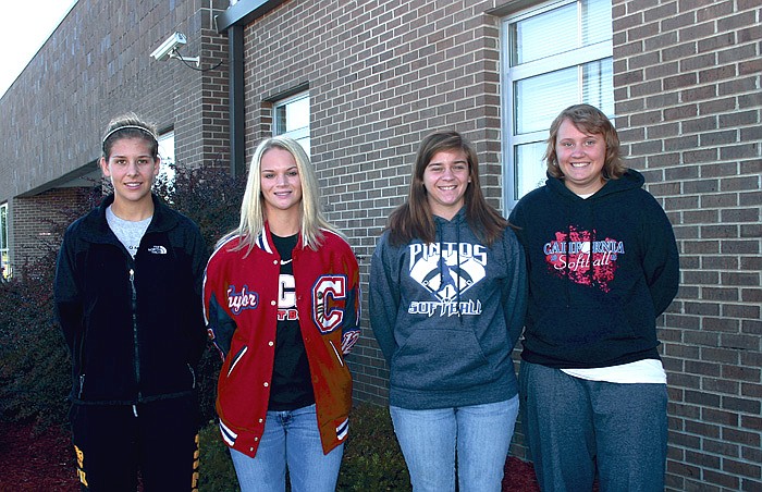 Four members of the California High School varsity softball team were recently named to the Class 3 All-District softball team, while three were named to the Tri-County Conference team. From left are seniors Elle Miller, Taylor Ratcliff and Brooke Holliday, and sophomore Tiffany Carel, who were each named All-District, first team. Miller and Ratcliff were named All-Conference, first team, while Holliday received honorable mention.