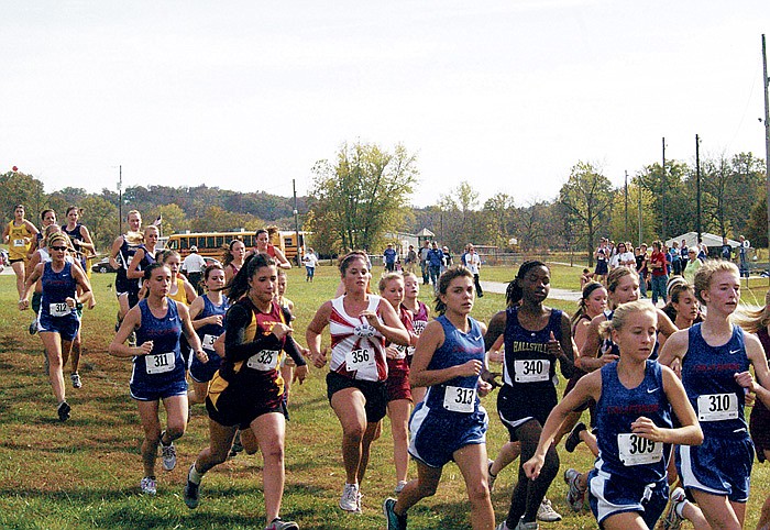 Leading the Lady Pinto Cross Country runners at the Fatima meet Saturday at Westphalia, at right, are Lizzy Kirby (309) and Ashlee Davis (310). Behind Kirby and Davis are Regan Downing (313), Leah Korenburg (311), Sarah Couchman (beside Korenburg) and Elle Miller (312).