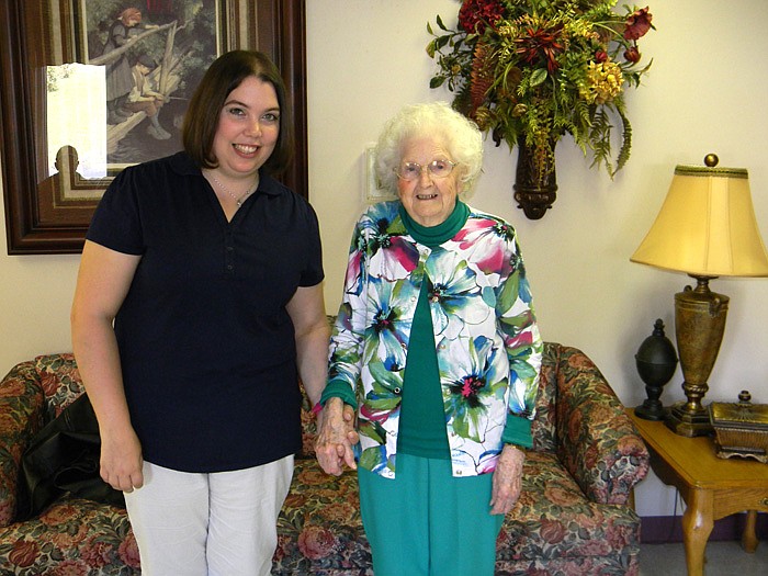 Outpatient Dorothy Elliott, right, with California Care Center Occupational Therapist Heather Wolfe.