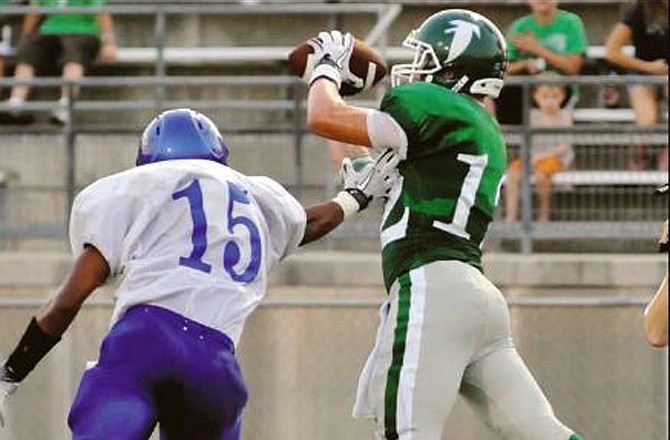 Austin Kempker of Blair Oaks catches a touchdown pass during this season's game against Grain Valley in Wardsville. 