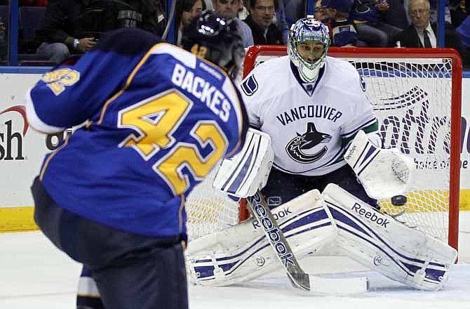 Vancouver Canucks goalie Roberto Luongo defends a shot by St. Louis Blues' David Backes, left, during the second period of an NHL hockey game Friday, Nov. 4, 2011, in St. Louis.