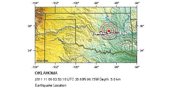 The USGS map of Oklahoma pinpoints the location of a 5.6-magnitude earthquake that occurred at 10:53 p.m. CDT Saturday.