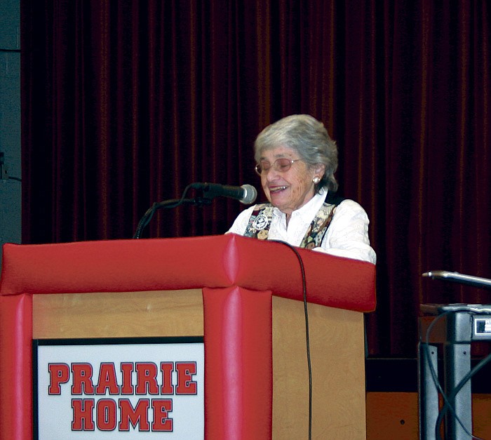 Holocaust survivor Hedy Epstein speaks at the Prairie Home School Veteran's Day Assembly Friday afternoon.