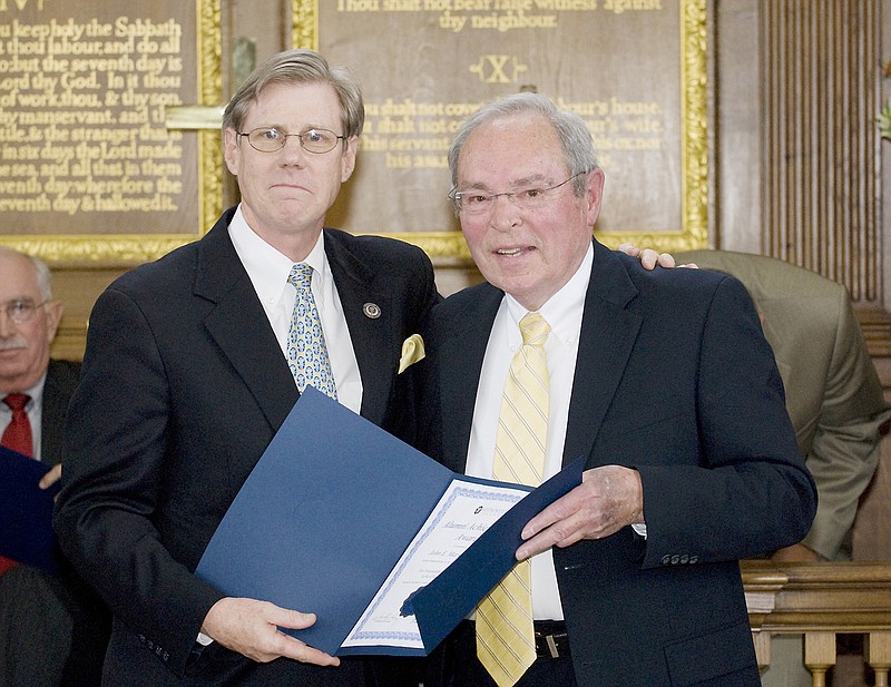 Westminster College President Barney Forsythe presents alumnus and retired adminstrator Jack Marshall with the school's 2008 Alumni Achievement Award. Marshall died Sunday.