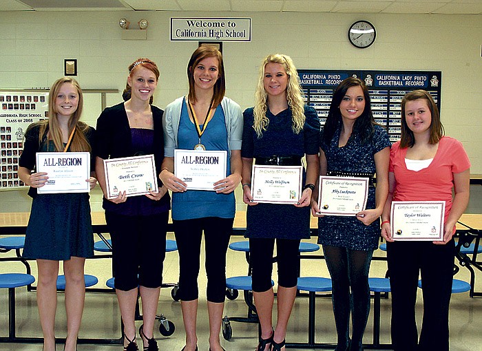 Members of the California High School varsity volleyball team who received awards at the volleyball banquet Thursday at the high school commons, from left, are Kaitlyn Allison, MVP (voted by team) and Most Digs; Beth Crow, Best Serving Efficiency; Sydney Deeken, Best Hitting Efficiency, Most Blocks and Most Kills; Holly Wolfrum, Most Service Points; Abby Lueckenotte, Most Assists; and Taylor Walters, Most Aces.