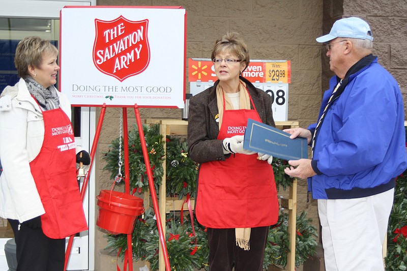 Salvation Army bell ringers have returned to Fulton with the help of he First Christian Church. Fulton Mayor LeRoy Benton issued a proclamation declaring December as Red Kettle Month in Fulton. First Christian Church members ringing bells Friday morning at Walmart are, from left, Lori Twillman and Susan Bruemmer.