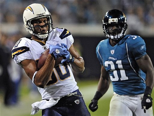 San Diego Chargers wide receiver Malcom Floyd (80) pulls in a 52-yard touchdown reception in front of Jacksonville Jaguars cornerback Ashton Youboty (31) during the third quarter of an NFL football game Monday, Dec. 5, 2011, in Jacksonville, Fla.