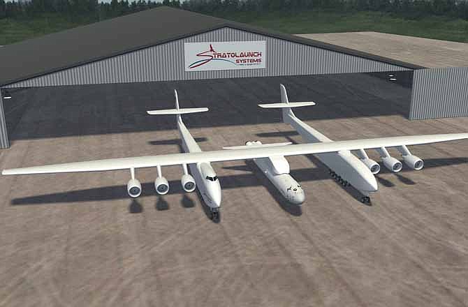 In this artist's rendering provided by Stratolaunch Systems, a planned plane that would launch cargo and astronauts into space is seen. Microsoft co-founder Paul Allen and aerospace pioneer Burt Rutan are building the plane, in the latest of several ventures fueled by technology tycoons clamoring to write America's next chapter in spaceflight. 