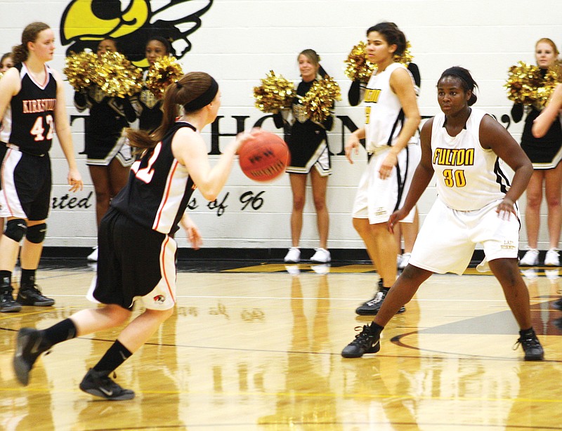 Fulton senior guard Rachel Washington keeps a defensive eye on Kirksville junior guard Kendyl Blanke in the first half of Friday night's North Central Missouri Conference game at Roger D. Davis Gymnasium. The Lady Hornets suffered a 61-36 loss to the Lady Tigers.