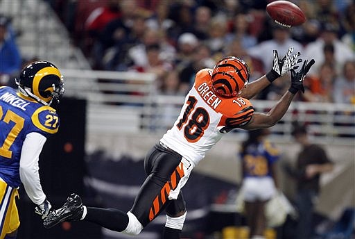 Cincinnati Bengals wide receiver A.J. Green, right, catches a 55-yard pass as St. Louis Rams safety Quintin Mikell looks on during the first quarter of an NFL football game Sunday, Dec. 18, 2011, in St. Louis.