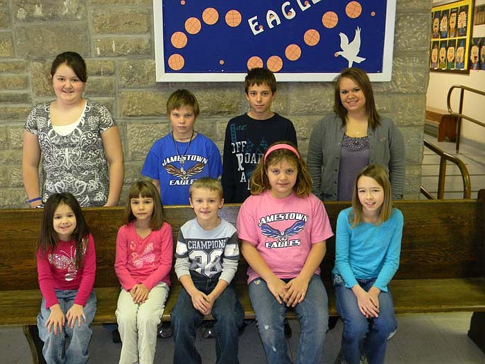 Jamestown Citizens of the Month for December, front row, from left, are kindergartner Kinleagh, first grader Emma, second grader Chayce, third grader Hope and fourth grader Kylie; back row, fifth grader Samantha, sixth grader Isaac, seventh grader Cole Brizendine and senior Taylor Muri. Eighth grader McKayla Heiland was not present.