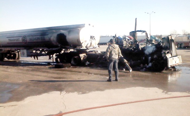 Firemen from North Callaway and Central fire protection districts battled a gasoline tanker truck fire at the Petro Truck Stop in Kingdom City for about one hour Wednesday afternoon. The fire started in the cab and spread to the empty tanker when a rubber tire below the front of the gasoline transport tank caught fire, burning a hole into the tanker.