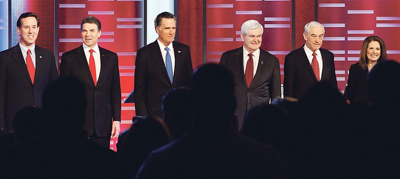 Republican presidential candidates pictured prior to a recent debate, from left are, former Pennsylvania Sen. Rick Santorum, Texas Gov. Rick Perry, former Massachusetts Gov. Mitt Romney, former Speaker of the House Newt Gingrich, Rep. Ron Paul, R-Texas, and Rep. Michele Bachmann, R-Minn. 