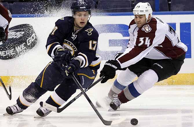 St. Louis Blues' Vladimir Sobotka, of the Czech Republic, and Colorado Avalanche's Daniel Winnik, right, chase after a loose puck during the second period of an NHL hockey game Saturday, Jan. 7, 2012, in St. Louis. 