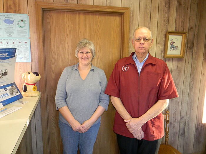 Dr. Stephen Byergo D.V.M., right, who opened Tipton Veterinary Clinic in 1971, with Receptionist Tamara Thomas, who started at the clinic September 1989.