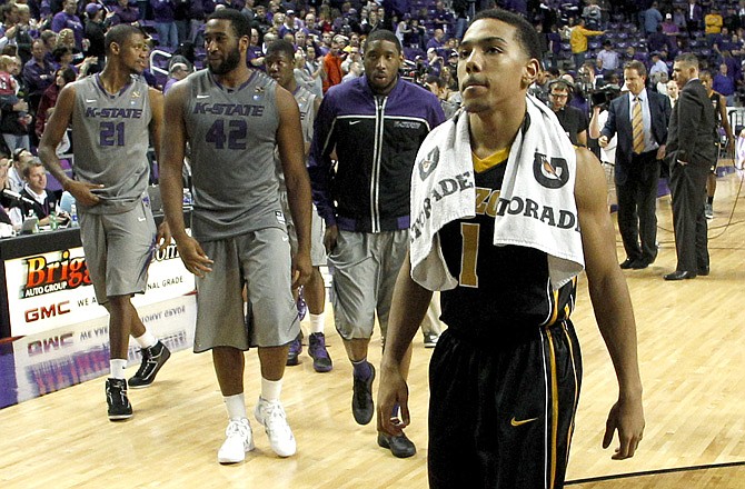 Missouri point guard Phil Pressey walks off the court after Saturday's 75-59 loss to Kansas State in Manhattan, Kan.