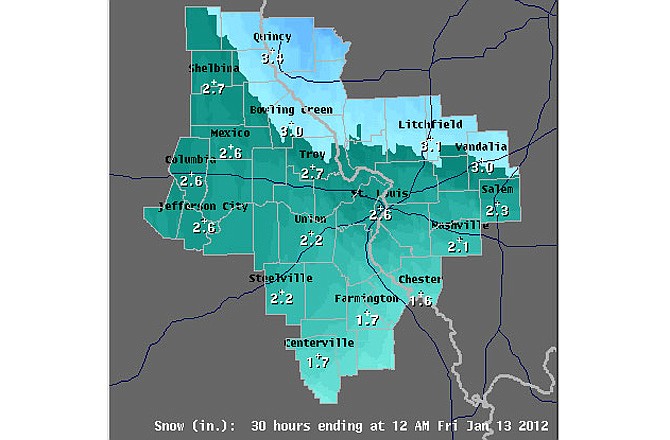 Snow is expected to continue through Thursday across central and eastern Missouri, according to the National Weather Service.