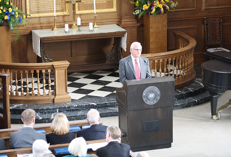 Dick Marshall praises his late brother during a memorial service Saturday for John E. "Jack" Marshall, a former Westminster College official. The memorial service was at the Church of St. Mary the Virgin, Aldermanbury, on the campus of Westminster College in Fulton.