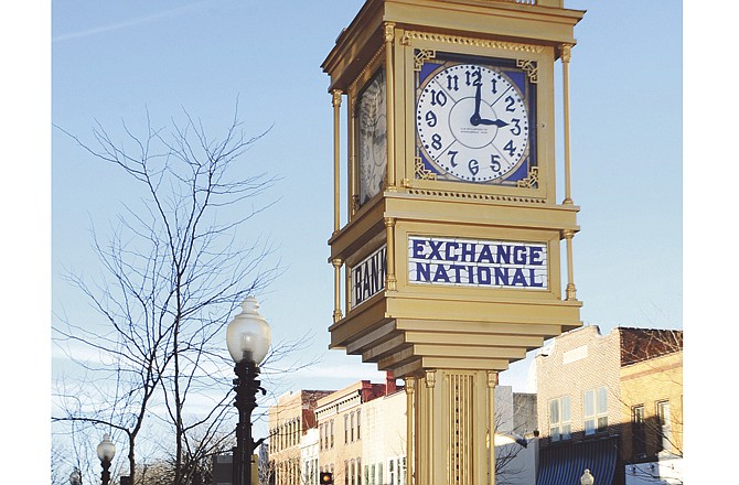 The Exchange National Bank clock is seen in front of the bank, now Hawthorn Bank, near the intersection of High and Madison Streets in downtown Jefferson City. 