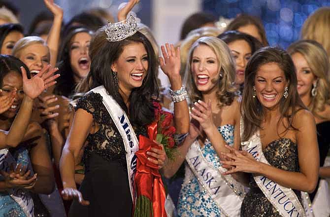 Miss Wisconsin Laura Kaeppeler reacts after being crowned Miss America Saturday Jan. 14, 2012 at The Planet Hollywood Resort & Casino in Las Vegas.