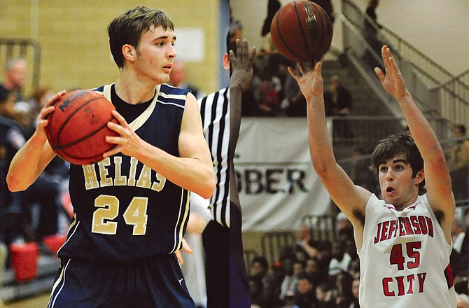 Deion Hughes (left) and the Helias Crusaders will take on Scott Stegeman (right) and the Jefferson City Jays tonight at Fleming Fieldhouse.