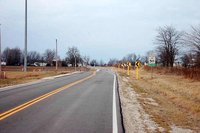 On old Highway 50 (now Lookout Trail), approaching McGirk from the east, the intersection with Route PP has been improved for safety. Traffic must now take a slight curve at the intersection.