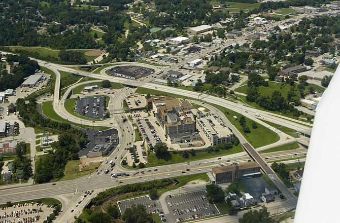 This aerial file photo from April 2011 shows St. Mary's Health Center as it sat in a triangle bounded by Missouri Boulevard at left, U.S. 54 at right, and U.S. 50 at the bottom of the picture.