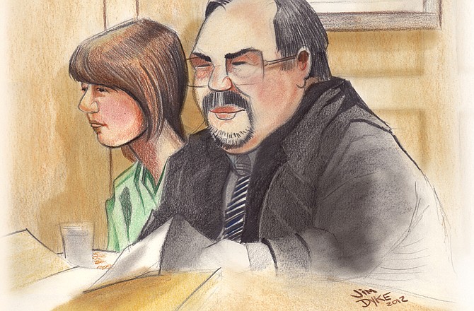 This courtroom sketch by News Tribune artist Jim Dyke shows Alyssa Bustamante with her public defender, Donald Catlett.