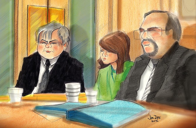 In this courtroom sketch by News Tribune artist Jim Dyke, Alyssa Bustamante sits with her attorneys, Donald Catlett, right, and Charles Moreland.