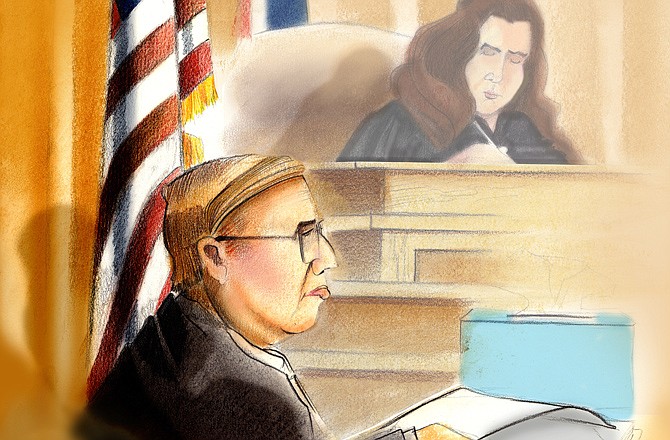In this courtroom sketch by News Tribune artist Jim Dyke, Dr. Anthony Rothschild sits on the witness stand. In the background is Cole County Circuit Judge Pat Joyce.