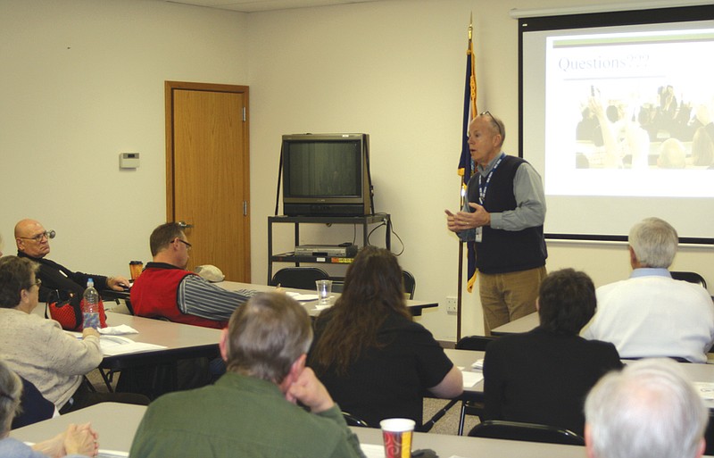 Mike Pickerel, senior planner with SEMA, speaks to faith-based organization members Thursday at the Callaway County Health Department about emergency planning.