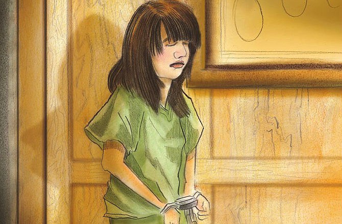 This courtroom sketch, by News Tribune artist Jim Dyke, shows Alyssa Bustamante as she apologized to the family of her victim, Elizabeth Olten. Cameras and other electronic devices were not allowed in the courtroom during Bustamante's sentencing hearing, nor would they have been allowed at her murder trial if there had been one. 