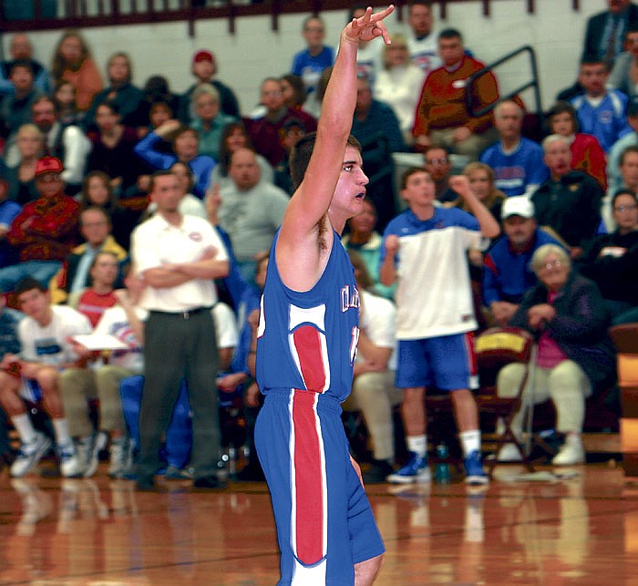 California freshman Jaden Barr sinks a 3-pointer during the varsity game at Eldon Friday.