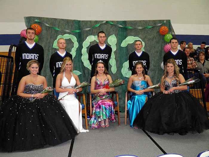 The 2012 Russellville Homecoming Royal Court of candidates, escorts and 2012 Homecoming Queen Sara Koestner; front row, from left, are Shelby Roberts, Hannah Wilson, Koestner, Cassandra Carter and Shelby Barbour; back row, escorts Levi Kehr, Zach Renick, Billy Hendricks, Kaleb Payne and Alex Barbour. The theme for the 2012 Homecoming was "Welcome to the Jungle."