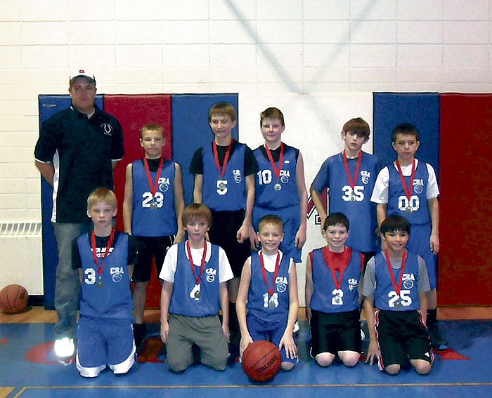 The California boys rec. basketball team faced Osage in the championship game of the California Recreation Association (CRA) Sixth Grade Invitational Saturday afternoon, where the Pintos lost 37-15 to finish the tourney in second place. Members of the team, front row, from left, are Nyson Moore, Liam Glenn, Peyton Peters, Rhett Kiesling and Bobby Bryant; back row, Coach Landon Porter, Cory Friedmeyer, Jacob Adams, Jacob Wolken, Campbell Gray and Jonathan Pardoe. Matt Hurt and Dawson Cooper were not present.