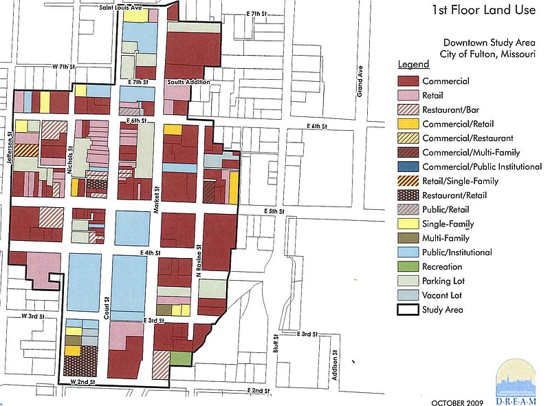 Drawing shows 2009 existing use of first floor properties in the Downtown Brick District of Fulton. The Fulton City Council Tuesday night advanced a zoning plan that will ban future residential use of first floor properties within the district. Existing first floor residential use can continue and other floors of buildings in the district are unaffected by the zoning change.