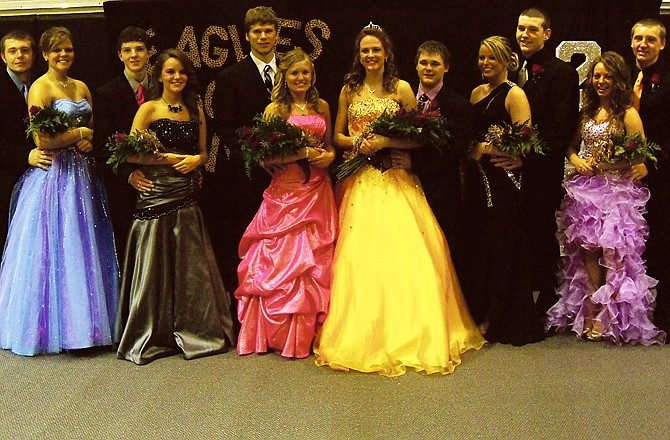 Eugene's homecoming court is from left, Cameron Beck, Mikala Lewis, Dakota Procter, Brooke Evers, Logan Kirkweg, Mariah Kliethermes, Olivia Rush, CJ O'Brien, Samantha Robinett, Kade Frey, Regan Morrow and Garrett Haslag. 