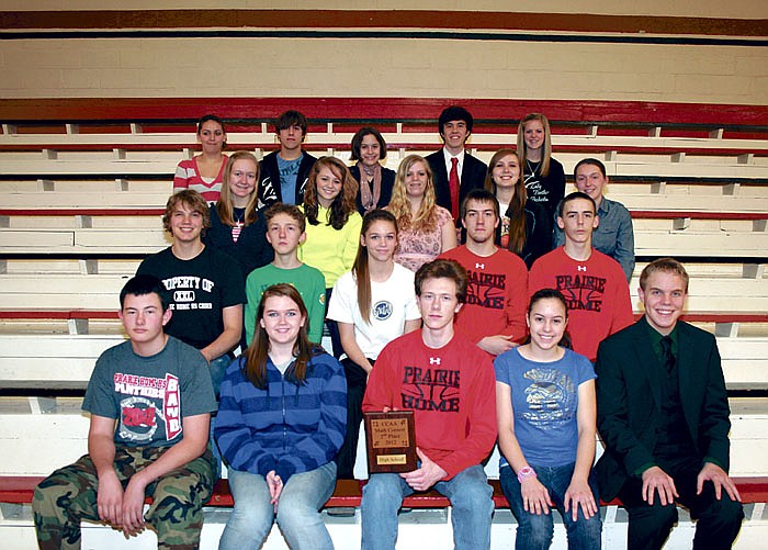 A total of 22 Prairie Home School students participated in the CCAA Math Contest held Feb. 2 at Malta Bend, where nine were individual award winners, while Prairie Home finished the team competition in second place. First row, from left, are Shane Bushner, first place in Pre-Algebra; Shelby Salzman, second place in Pre-Algebra; Rayce Kendrick, 10th place in Algebra 1; Josey Wright, seventh place in Geometry; and Damon Wendt, first place in Senior Math Topics; second row, Josey Stevens, ninth place in Senior Math Topics; Nicholas Stock, Brooke Emmerich, Sam Distler and Kody Utterback; third row, Amber Carmichael, Kristynn Watson, Sarah Gipson, Melanie Bryan and Kohlie Stock; and fourth row, Jessie Kennedy, Jordan Thiessen, Cecelia Wright, Dennis Imhoff and Krista Small, 10th place in Geometry. Katlynn Watson and Kati Smith also participated, but were not present for the picture. Smith placed third in Pre-Algebra.