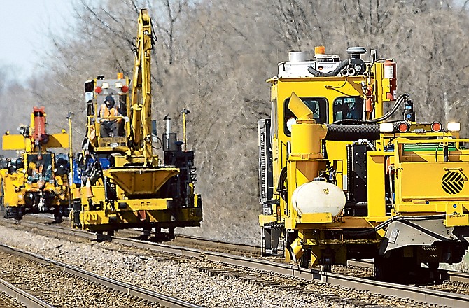 More than 60 pieces of Union Pacific railroad machinery used to replace rail paraded eastward out of Jefferson City on Monday after replacing a section of the millbottom railyard over the weekend. 