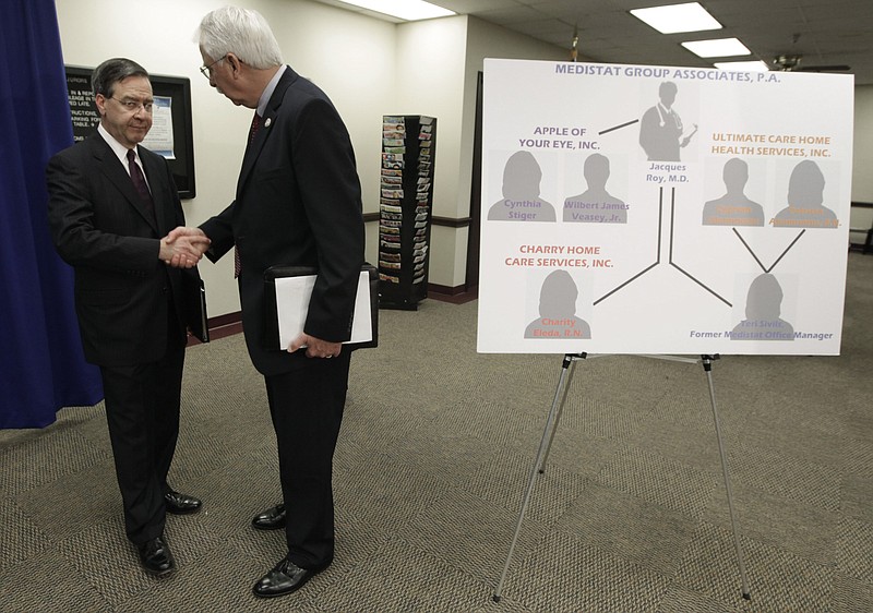 FBI Special Agent in Charge of Dallas field office, Robert E. Casey, left, shakes hands with W. Rick Copeland, director of the Medical Fraud Control Unit of the Office of the Texas Attorney General, next to a chart outlining a healthcare fraud scheme after a news conference Tuesday in Dallas.