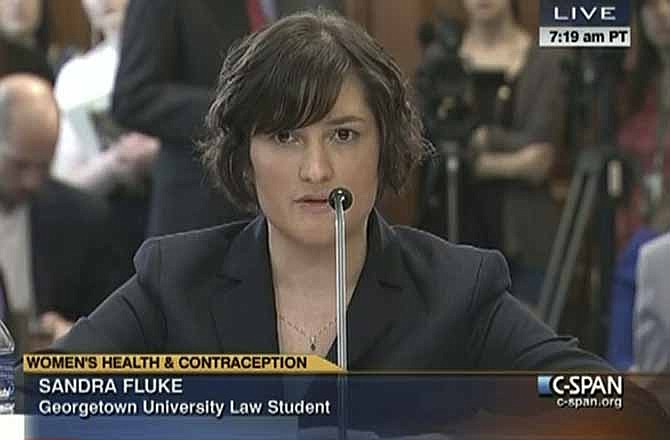 In this image made from Thursday, Feb. 23, 2012 video provided by C-SPAN, Sandra Fluke, a third-year Georgetown University law student, testifies to Congress in Washington. Limbaugh drew fire Friday, March 2, 2012 from many directions for his depiction of Fluke as a "slut" because she testified before Congress about the need for contraceptive coverage.